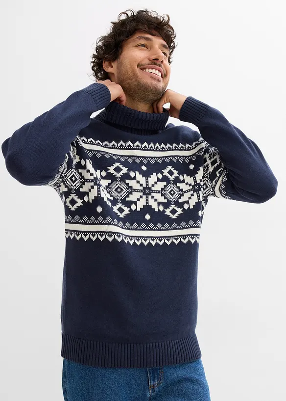 Norweger-Pullover aus reiner Baumwolle in blau von vorne (im Anschnitt) - bonprix