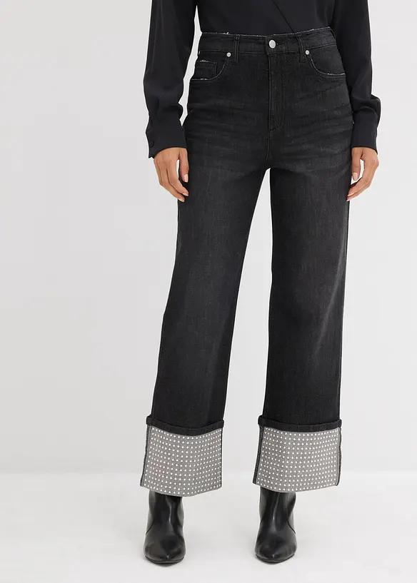 Straight-Jeans High Waist mit Turn Up in schwarz von vorne - bonprix