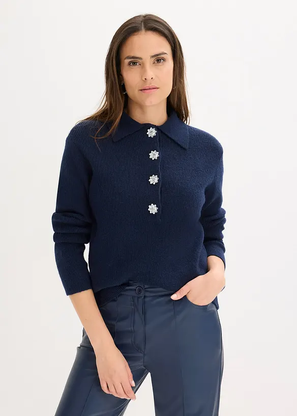 Polo-Pullover mit Wollanteil in blau von vorne (im Anschnitt) - bonprix Polo-Pullover mit Wollanteil in blau von vorne (im Anschnitt) - bonprix