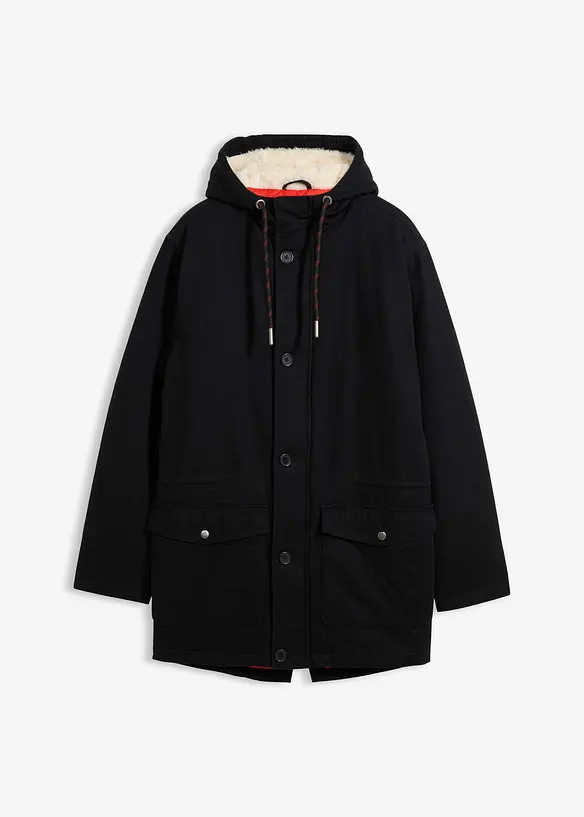 Winter-Parka mit Teddy-Kapuze in schwarz von vorne - bonprix