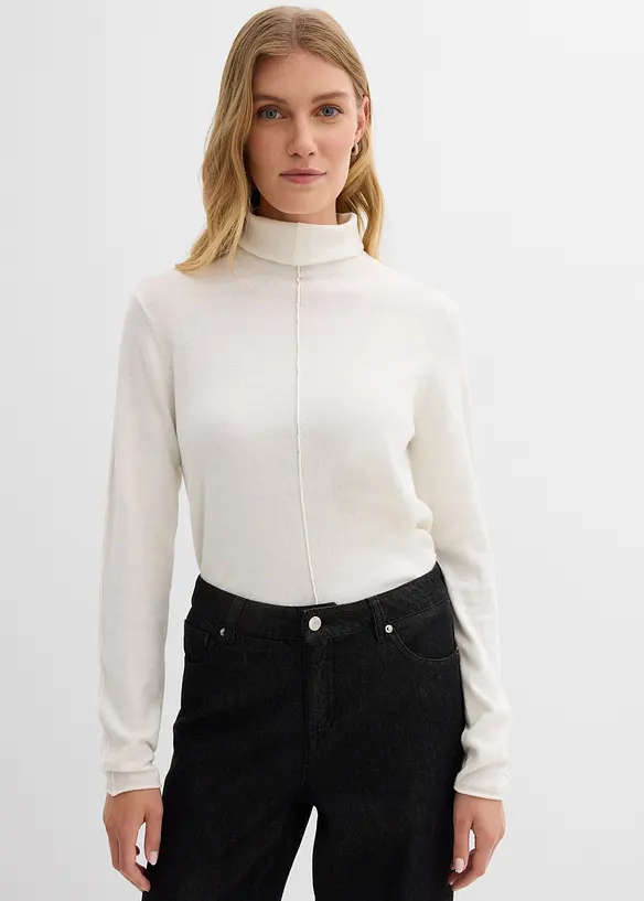 Rollkragenpullover aus weichem Kaschmir-Mix in weiß von vorne (im Anschnitt) - bonprix