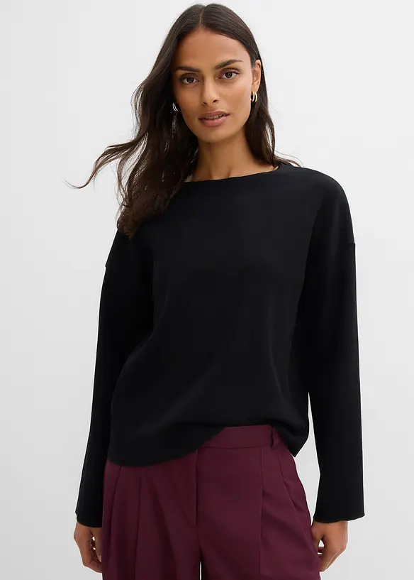 Langarmshirt aus Rippware in schwarz von vorne (im Anschnitt) - bonprix