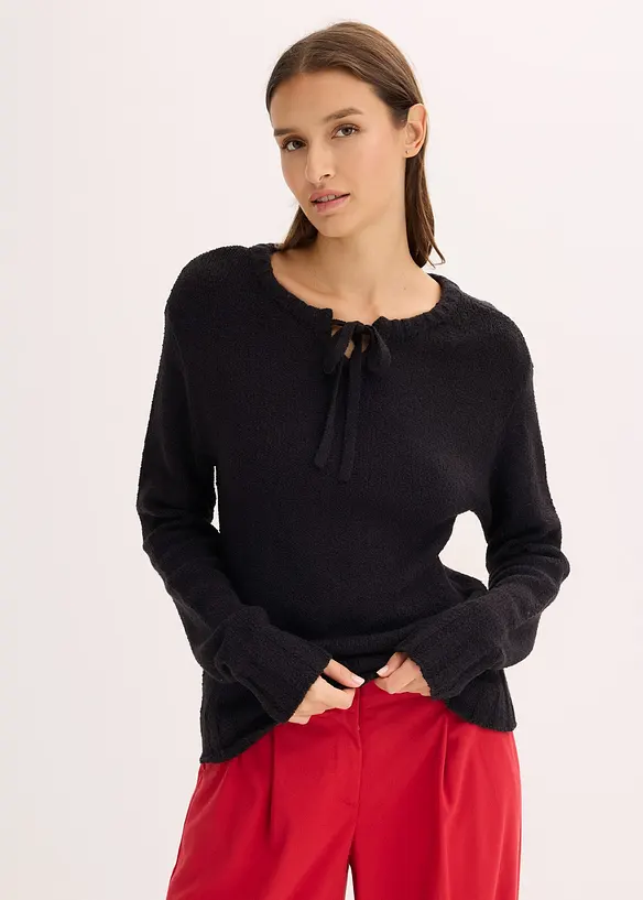 Grobstrick-Pullover mit Bindelösung in schwarz von vorne (im Anschnitt) - bonprix Grobstrick-Pullover mit Bindelösung in schwarz von vorne (im Anschnitt) - bonprix