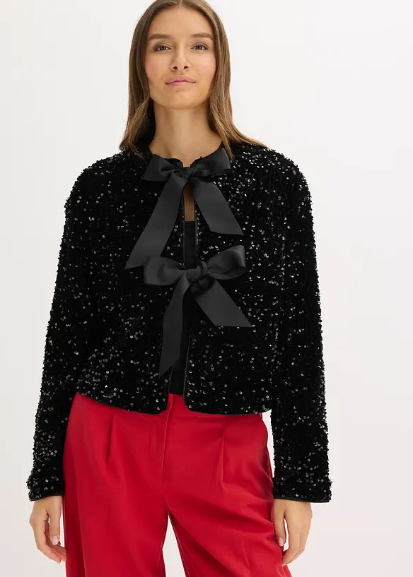Pailletten-Jacke aus softem Samt in schwarz von vorne (im Anschnitt) - bonprix