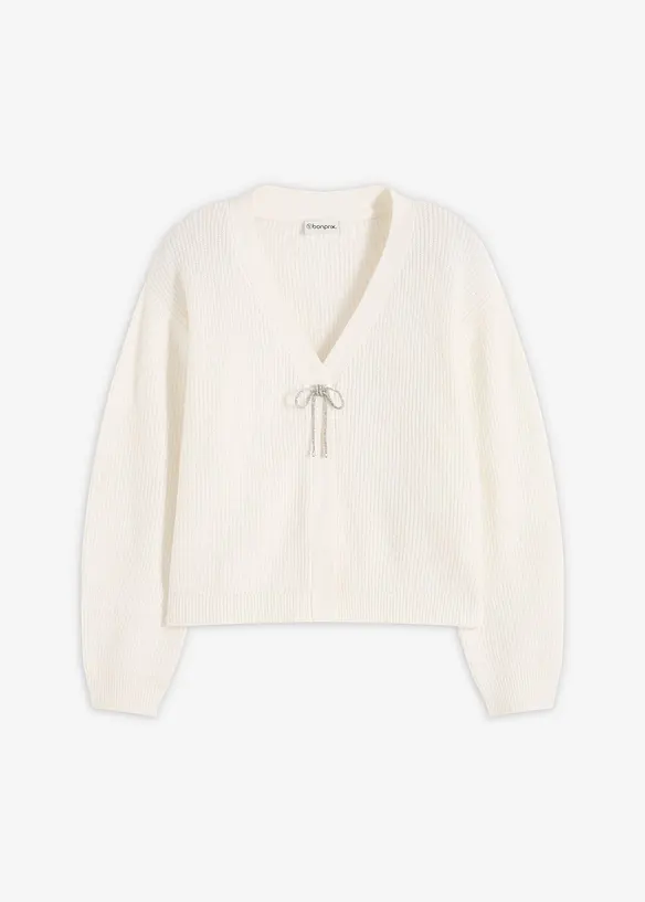 Kurze Strickjacke mit Schleifenverschluss in weiß von vorne - bonprix Kurze Strickjacke mit Schleifenverschluss in weiß von vorne - bonprix