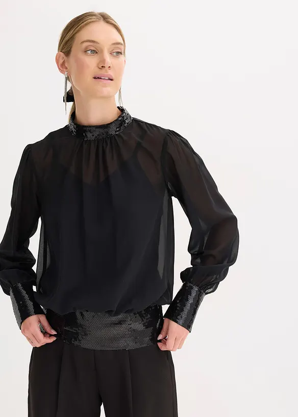 Blusenshirt aus feinem Tüll mit Pailletten in schwarz von vorne (im Anschnitt) - bonprix Blusenshirt aus feinem Tüll mit Pailletten in schwarz von vorne (im Anschnitt) - bonprix