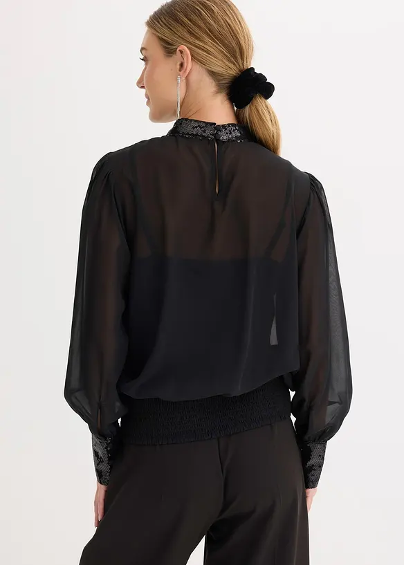 Blusenshirt aus feinem Tüll mit Pailletten in schwarz von hinten (im Anschnitt) - bonprix Blusenshirt aus feinem Tüll mit Pailletten in schwarz von hinten (im Anschnitt) - bonprix