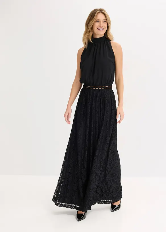 Maxikleid mit Spitzen-Rock in schwarz von vorne (Totalaufnahme) - bonprix Maxikleid mit Spitzen-Rock in schwarz von vorne (Totalaufnahme) - bonprix