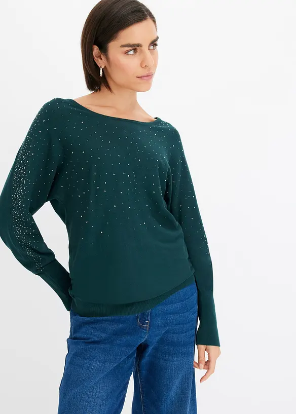 Feinstrickpullover mit Strass-Applikation in grün von vorne (im Anschnitt) - bonprix Feinstrickpullover mit Strass-Applikation in grün von vorne (im Anschnitt) - bonprix