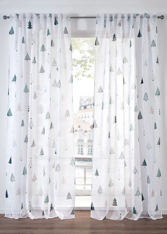 Gardine mit Tannenbaum-Druck mit recyceltem Polyester (1er Pack) in weiß - bonprix