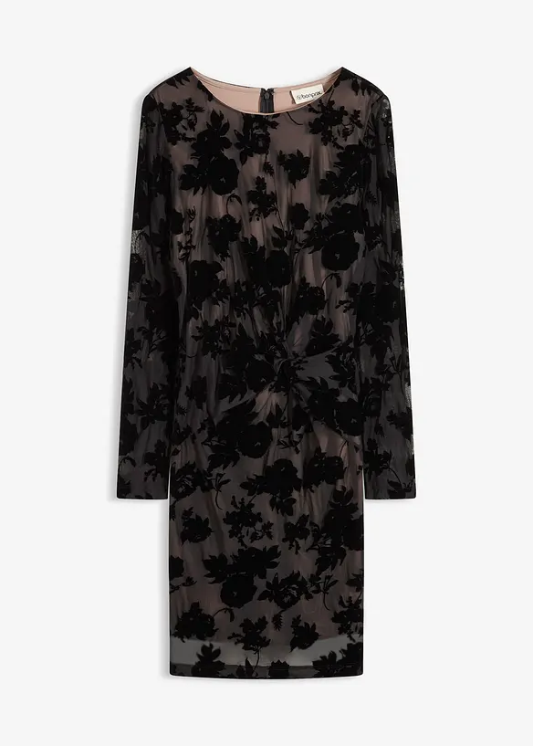 Minikleid aus feinem Mesh mit Flockprint in schwarz von vorne - bonprix