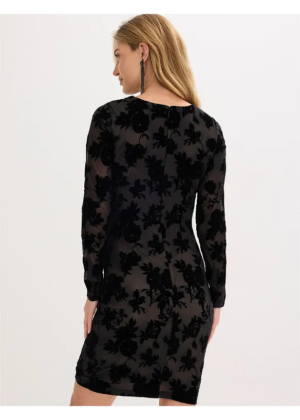 Minikleid aus feinem Mesh mit Flockprint in schwarz von hinten (Totalaufnahme) - bonprix