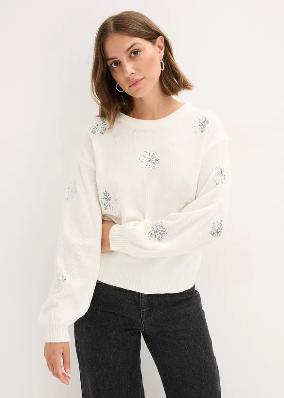 Pullover mit funkelnden Schneeflocken-Motiven in weiß von vorne (im Anschnitt) - bonprix Pullover mit funkelnden Schneeflocken-Motiven in weiß von vorne (im Anschnitt) - bonprix