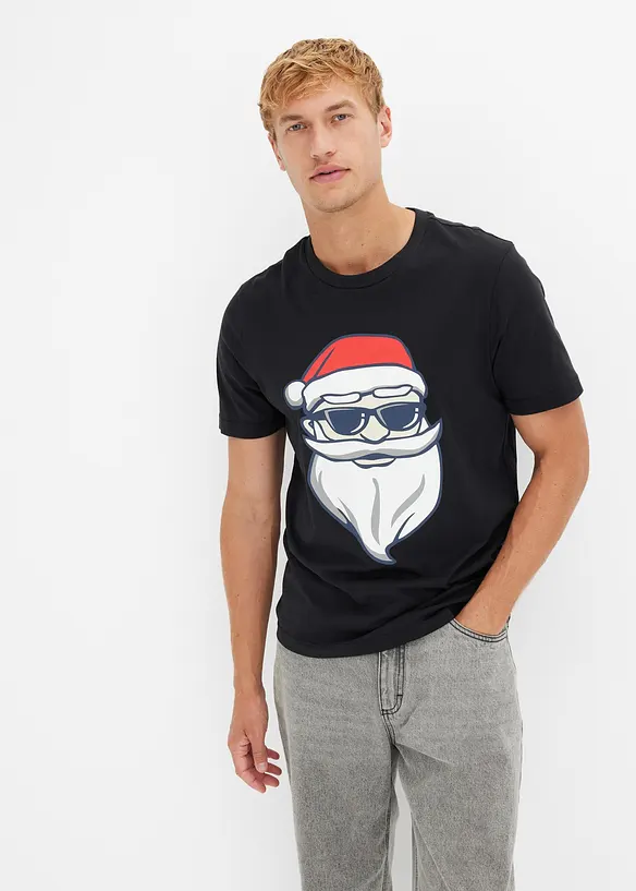 T-Shirt mit Weihnachtsmotiv aus reiner Bio-Baumwolle in schwarz von vorne (im Anschnitt) - bonprix