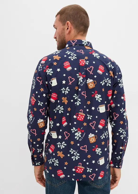 Langarmhemd mit Weihnachtsmotiv aus reiner Baumwolle in blau von hinten (im Anschnitt) - bonprix