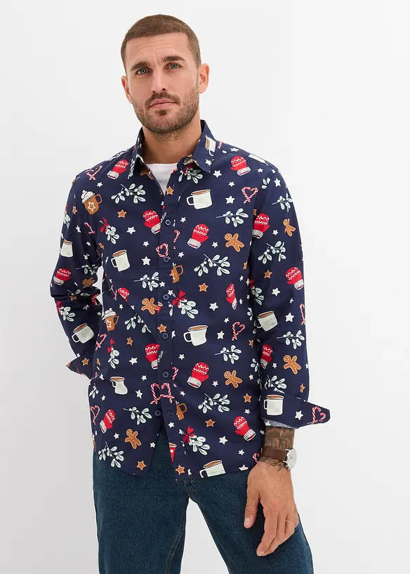Langarmhemd mit Weihnachtsmotiv aus reiner Baumwolle in blau von vorne (im Anschnitt) - bonprix