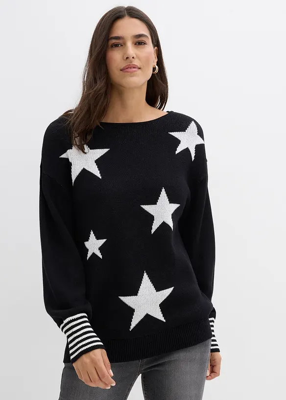 Jacquard-Pullover mit Sternendruck aus Baumwoll-Mix in schwarz von vorne (im Anschnitt) - bonprix Jacquard-Pullover mit Sternendruck aus Baumwoll-Mix in schwarz von vorne (im Anschnitt) - bonprix