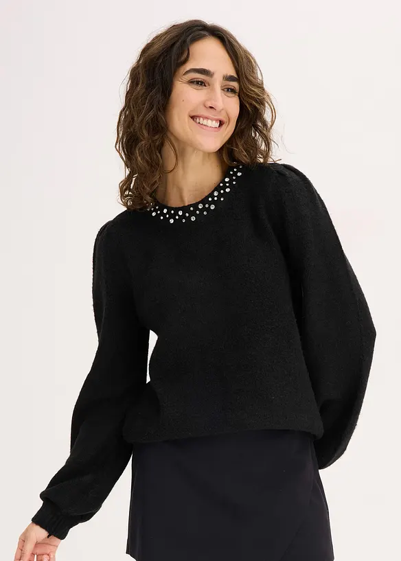 Pullover mit Strass-Applikation in schwarz von vorne (im Anschnitt) - bonprix Pullover mit Strass-Applikation in schwarz von vorne (im Anschnitt) - bonprix
