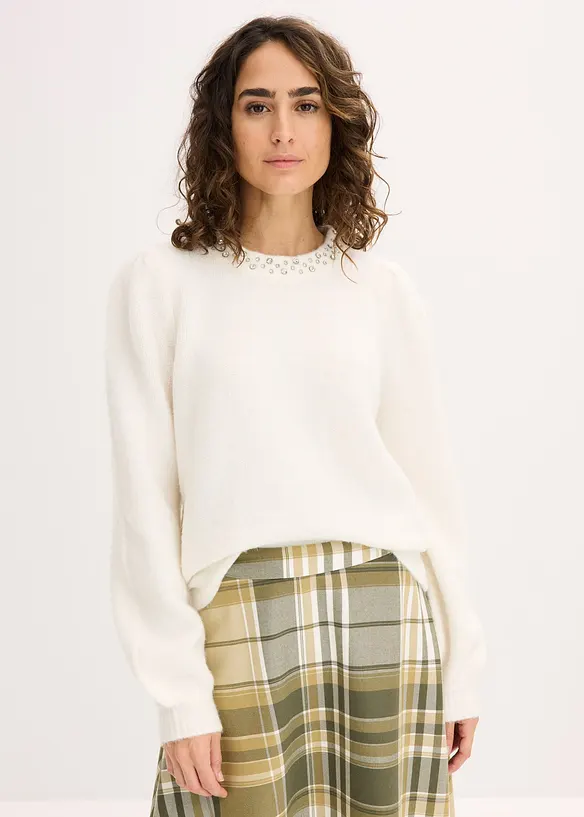 Pullover mit Strass-Applikation in weiß von vorne (im Anschnitt) - bonprix