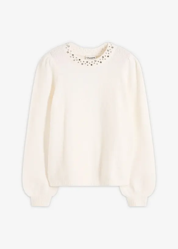 Pullover mit Strass-Applikation in weiß von vorne - bonprix