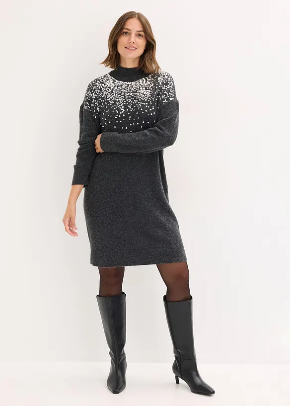 Strickkleid mit Pailletten-Applikation in grau von vorne (Totalaufnahme) - bonprix Strickkleid mit Pailletten-Applikation in grau von vorne (Totalaufnahme) - bonprix