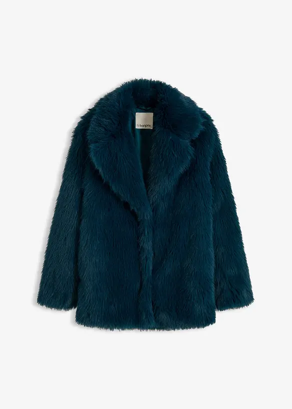Fellimitat-Jacke in petrol von vorne - bonprix