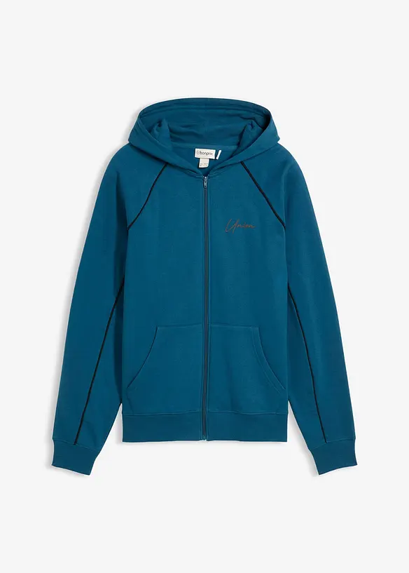 Sweatjacke mit Kontrastdetails aus reiner Baumwolle in petrol von vorne - bonprix