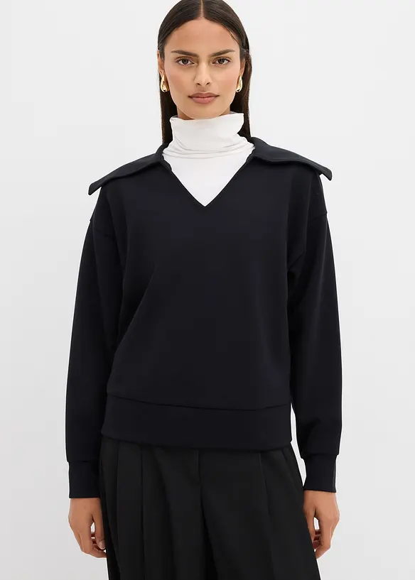 Scuba-Shirt mit breitem Kragen aus Viskose-Mix in schwarz von vorne (im Anschnitt) - bonprix Scuba-Shirt mit breitem Kragen aus Viskose-Mix in schwarz von vorne (im Anschnitt) - bonprix