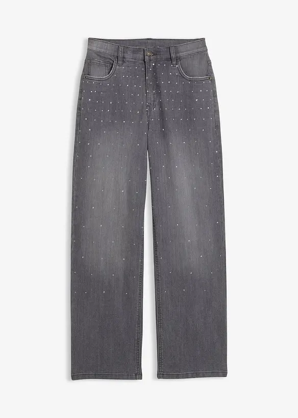 Wide-Leg-Jeans mit Strasssteinen Mid Waist in grau von vorne - bonprix