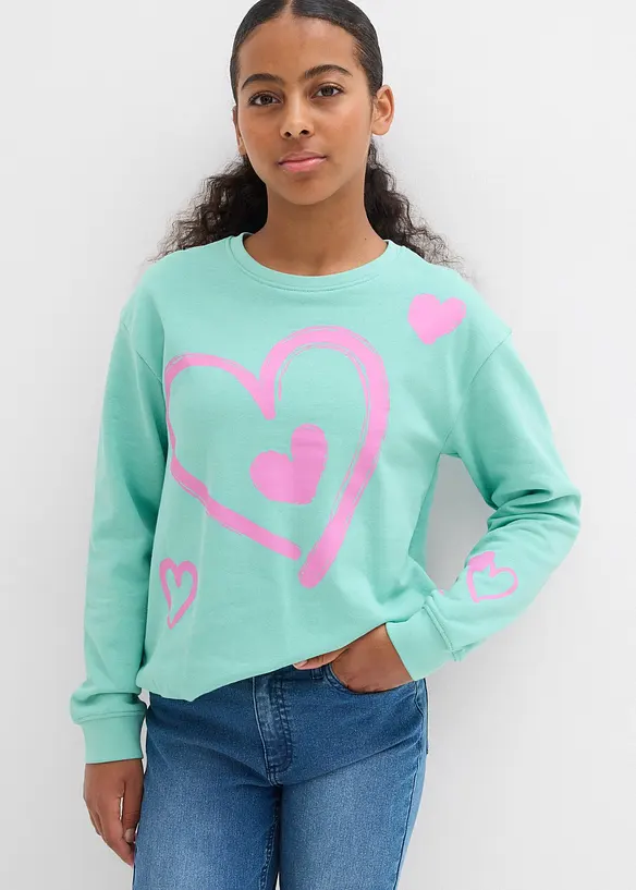 Sweatshirt mit Ballon-Saum aus reiner Bio-Baumwolle in grün von vorne (im Anschnitt) - bonprix