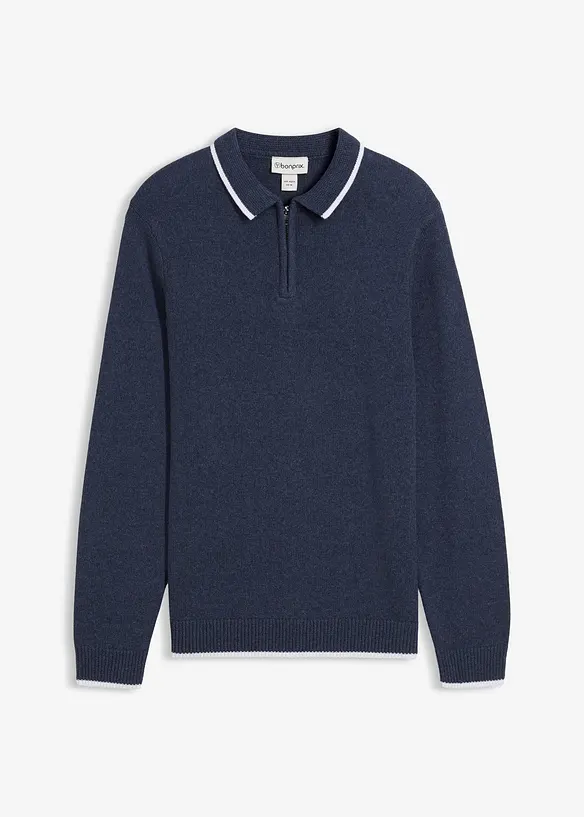 Polo Pullover mit recycelter Baumwolle in blau von vorne - bonprix