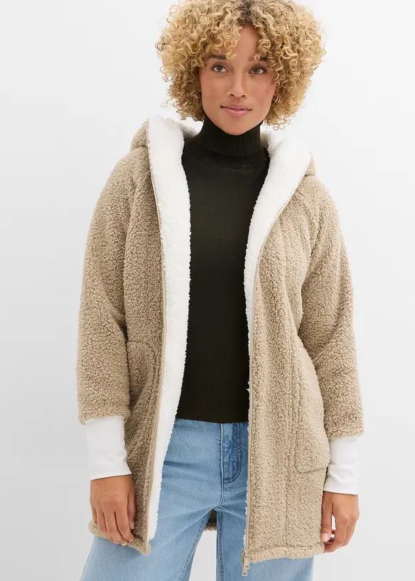 Teddy-Fleece Jacke in beige von vorne (im Anschnitt) - bonprix