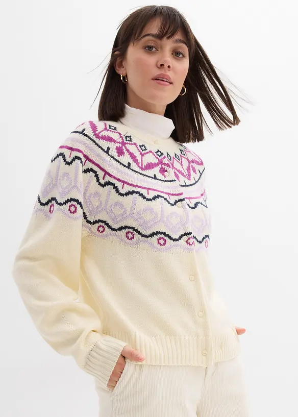 Oversize Norweger-Strickjacke in weiß von vorne (im Anschnitt) - bonprix