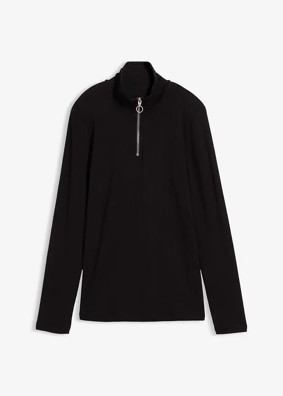 Rippshirt aus softem Viskose-Mix in schwarz von vorne - bonprix