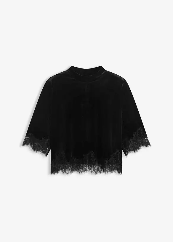 Samtshirt mit Spitze in schwarz von vorne - bonprix Samtshirt mit Spitze in schwarz von vorne - bonprix