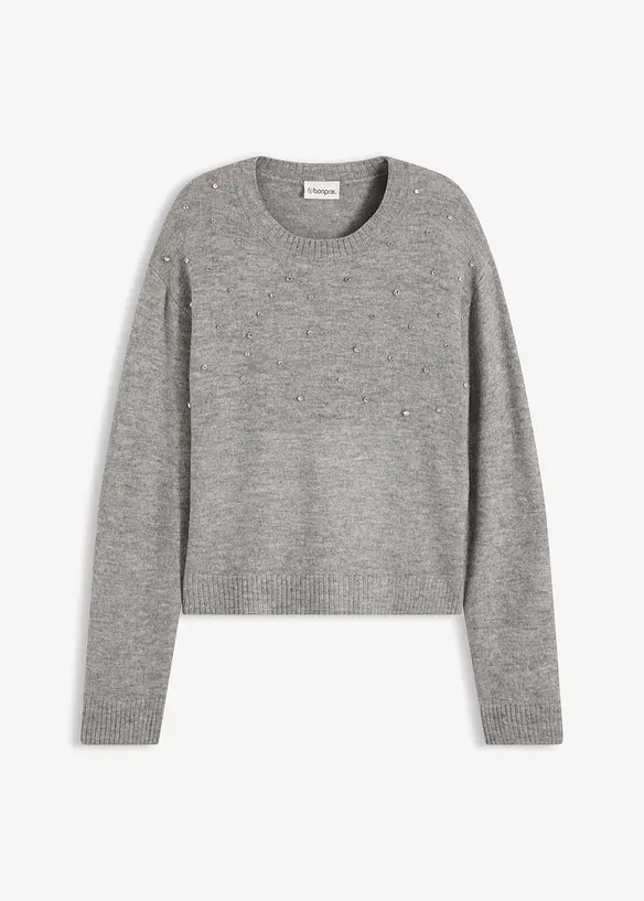 Boxy-Pullover mit Glitzersteinen in grau von vorne - bonprix