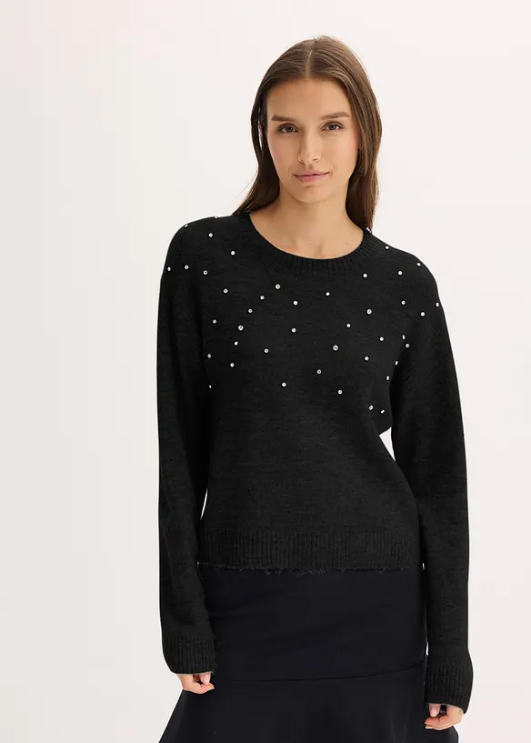 Boxy-Pullover mit Glitzersteinen in schwarz von vorne (im Anschnitt) - bonprix Boxy-Pullover mit Glitzersteinen in schwarz von vorne (im Anschnitt) - bonprix