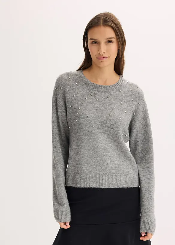 Boxy-Pullover mit Glitzersteinen in grau von vorne (im Anschnitt) - bonprix