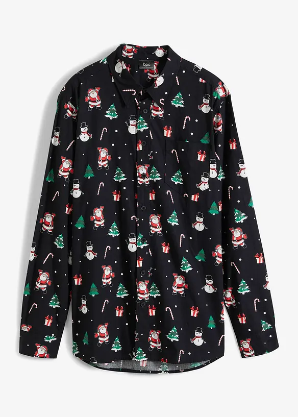 Langarmhemd mit Weihnachtsmotiv aus reiner Baumwolle in schwarz von vorne - bonprix