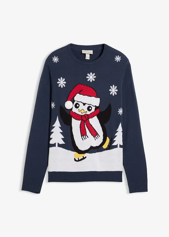 Pullover mit Weihnachtsmotiv in blau von vorne - bonprix