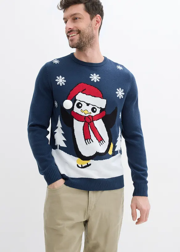 Pullover mit Weihnachtsmotiv in blau von vorne (im Anschnitt) - bonprix
