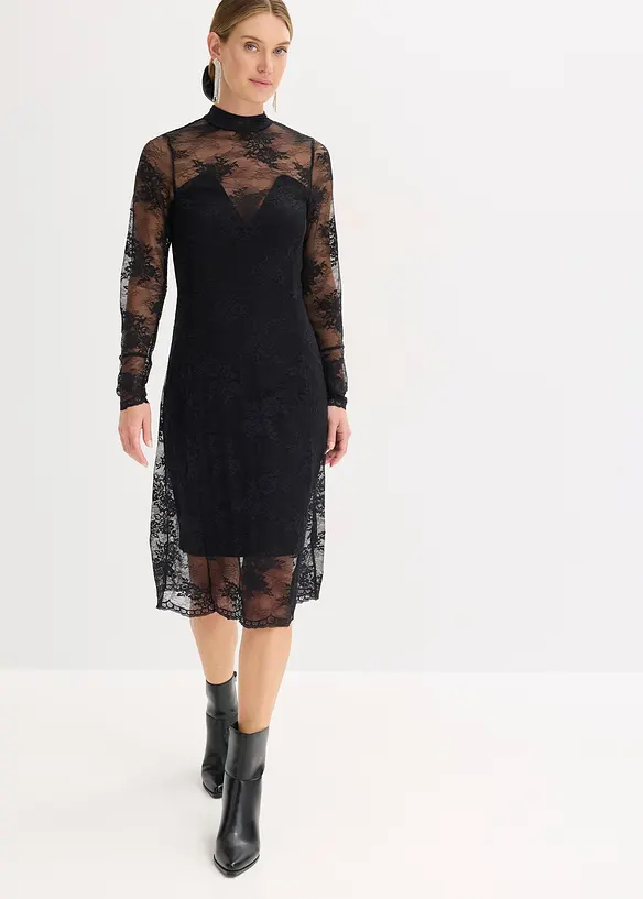 Kleid mit floralen Spitze-Details in schwarz von vorne (Totalaufnahme) - bonprix