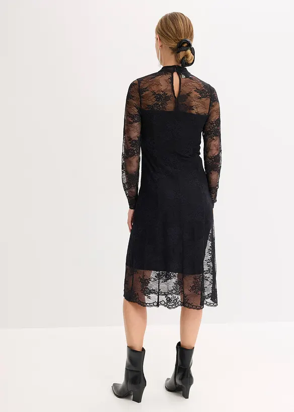 Kleid mit floralen Spitze-Details in schwarz von hinten (Totalaufnahme) - bonprix