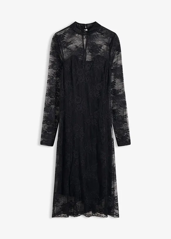 Kleid mit floralen Spitze-Details in schwarz von vorne - bonprix