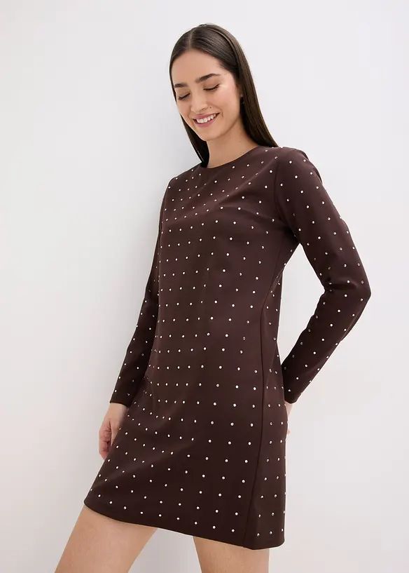 Jerseykleid mit Strass-Applikationen in braun von vorne (Totalaufnahme) - bonprix