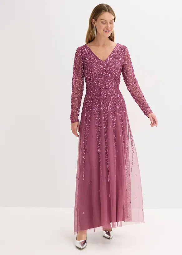 Abendkleid mit Paillettenstickerei in lila von vorne (Totalaufnahme) - bonprix