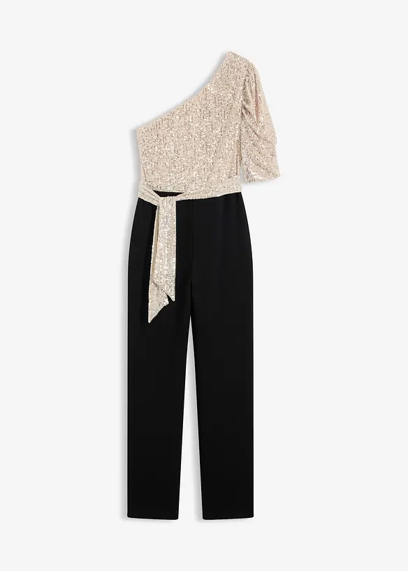 One-Shoulder-Jumpsuit mit Pailletten in schwarz von vorne - bonprix