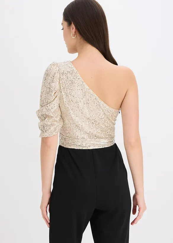 One-Shoulder-Jumpsuit mit Pailletten in schwarz von hinten (Totalaufnahme) - bonprix