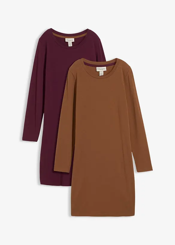 Jerseykleid aus Baumwolle mit Stretch (2er Pack) in braun von vorne - bonprix
