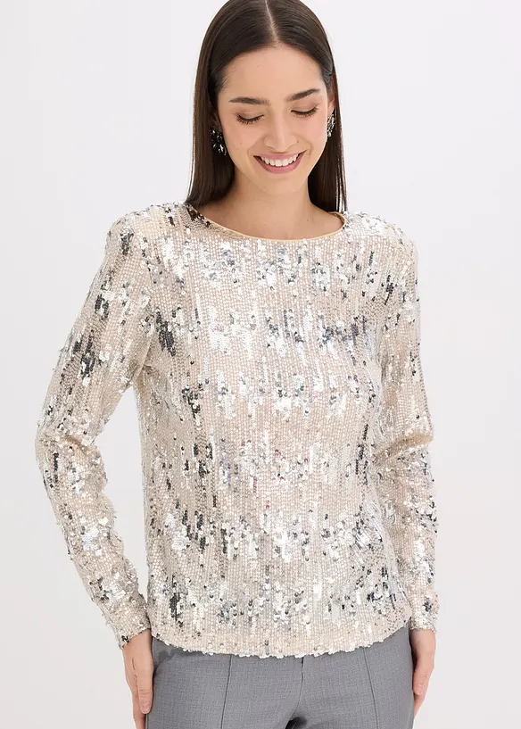 Pailletten-Shirt mit Rundhals-Ausschnitt in beige von vorne (im Anschnitt) - bonprix Pailletten-Shirt mit Rundhals-Ausschnitt in beige von vorne (im Anschnitt) - bonprix